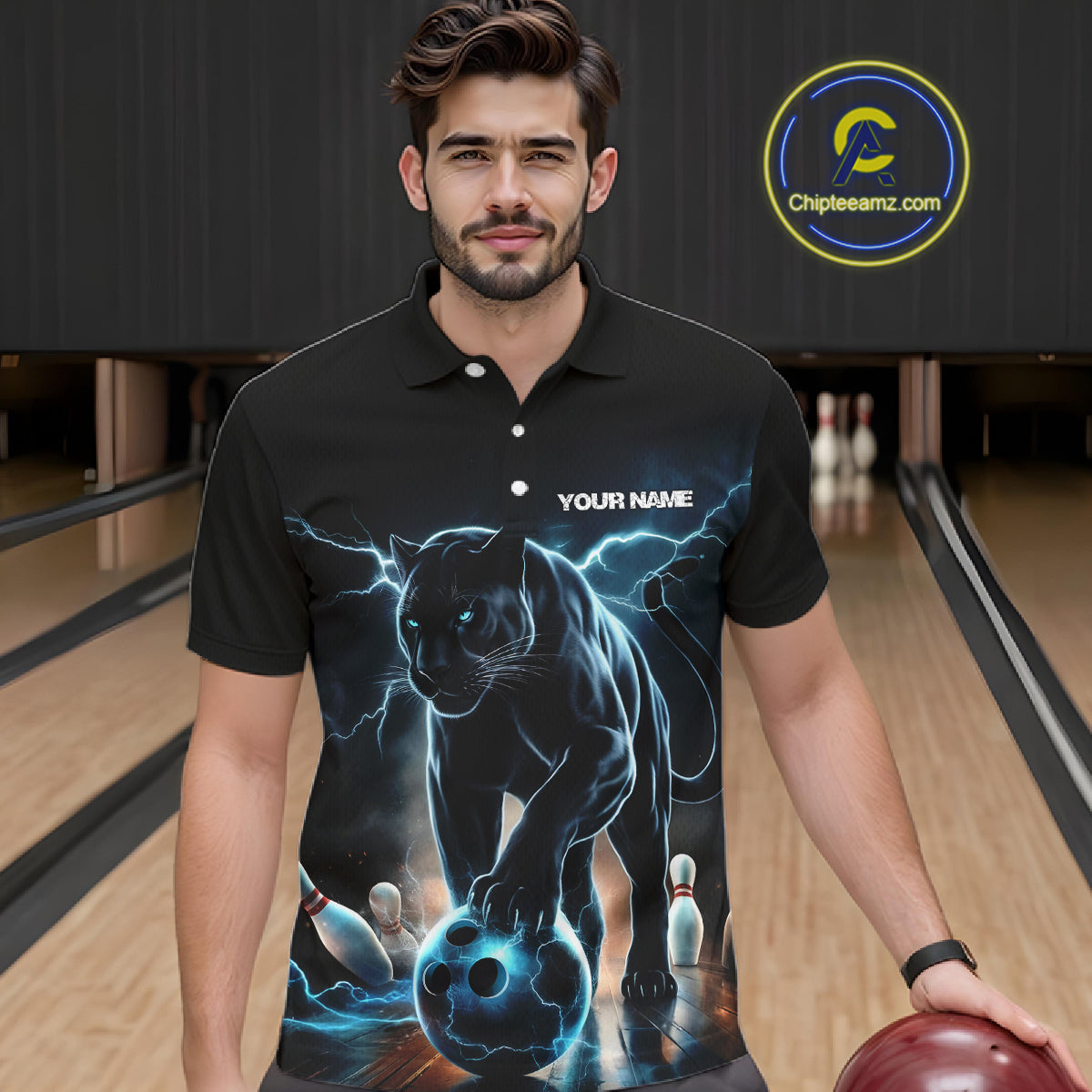 Blue Thunder Lightning Custom Panther Bowling Polo Shirts For Men, Panther Bowling Jerseys IPHW8271