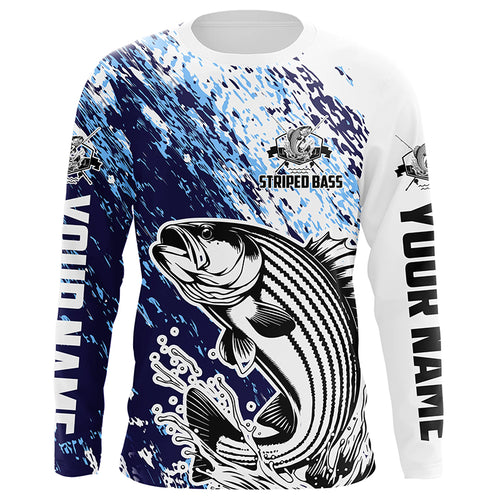 Striped Bass Fishing Custom Long Sleeve Performance Fishing Shirts, Striper Fishing Jerseys | Blue IPHW5821