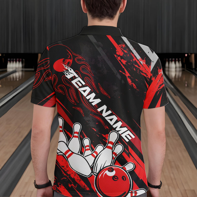 Grunge Black And Red Custom Flame Bowling Team Polo Shirts For Men, Bowling League Shirt IPHW8524