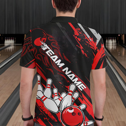 Grunge Black And Red Custom Flame Bowling Team Polo Shirts For Men, Bowling League Shirt IPHW8524