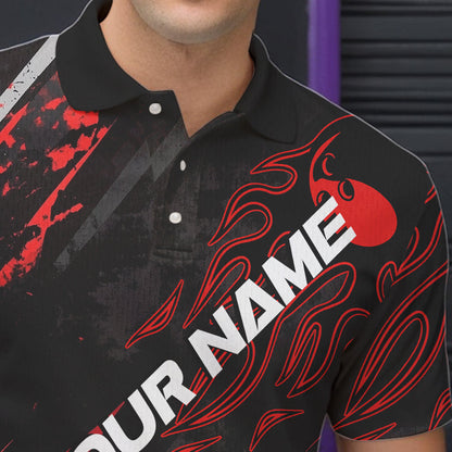 Grunge Black And Red Custom Flame Bowling Team Polo Shirts For Men, Bowling League Shirt IPHW8524