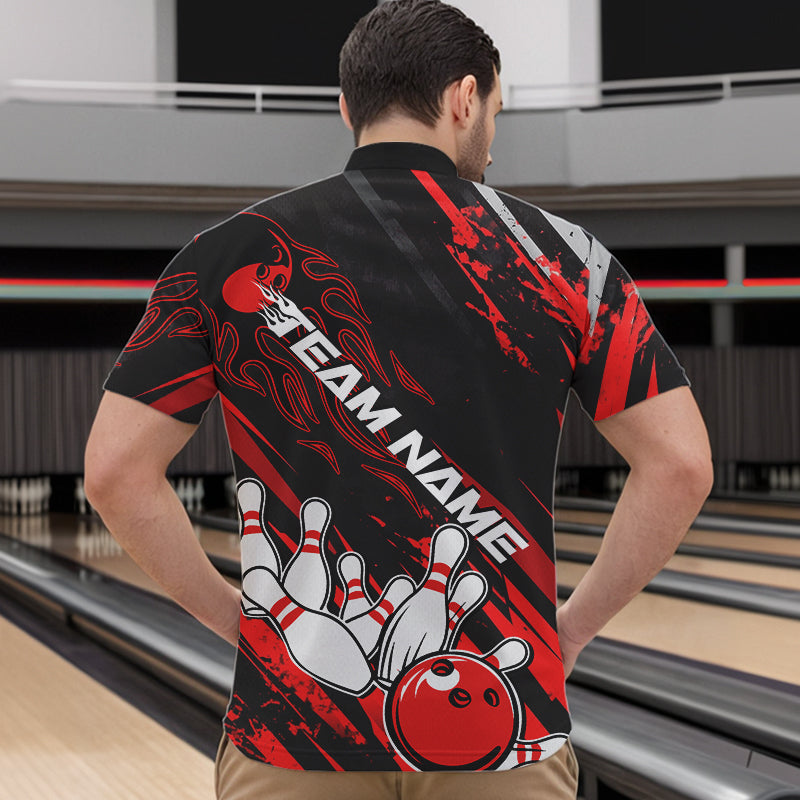 Grunge Black And Red Custom Flame Bowling Team Quarter-Zip Shirts For Men, Bowling League Shirt IPHW8524