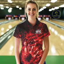 Load image into Gallery viewer, Custom Red Fire Patriotic Bowling Team Women Polo Shirt, American Flag Flame Bowling Jersey IPHW11107