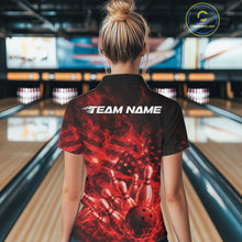 Load image into Gallery viewer, Custom Red Fire Patriotic Bowling Team Women Shirt, American Flag Flame Bowling Jersey IPHW11107