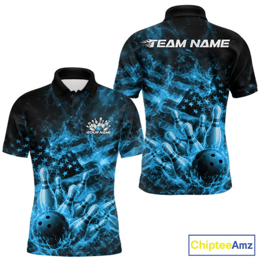 Front and back mens black and blue bowling polo featuring a bowling ball crashing through pins with fiery patriotic graphics.