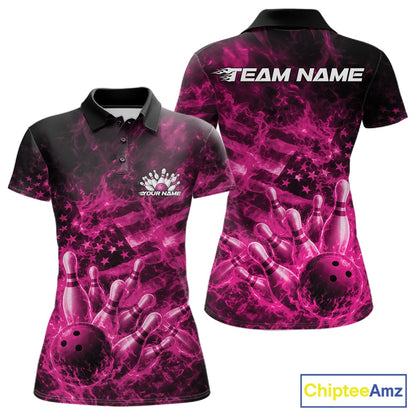 Front and back womens black and pink bowling polo featuring a bowling ball crashing through pins with fiery American flag artwork.