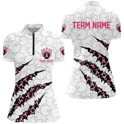 Custom Breast Cancer Pink Ribbon Ladies Bowling Shirts, Breast Cancer Awareness Team Jersey IPHW7045