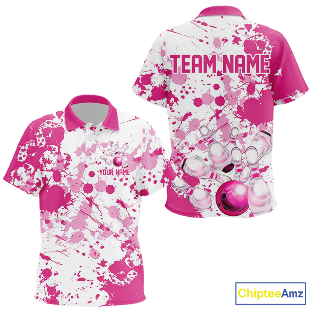 Custom Pink Bowling Polo Shirts For Kid, Splatter Bowling Team Jerseys With Name IPHW7052