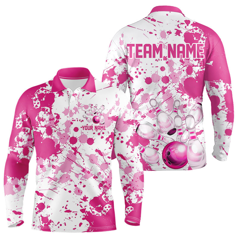 Custom Pink Bowling Long Sleeve Polo Shirts For Men, Splatter Bowling Team Jerseys With Name IPHW7052