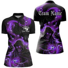 Load image into Gallery viewer, Black And Purple Flame Grim Reaper Custom Halloween Ladies Bowling Shirts, Bowlers Outfits IPHW7610