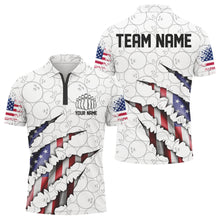 Load image into Gallery viewer, Personalized American Flag Bowling Men Team Shirts, Patriotic Bowling Quarter-Zip Polo Shirts IPHW5523