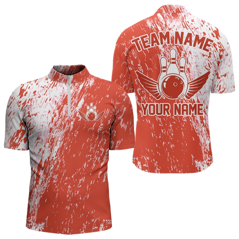 Personalized White And Orange Bowling Team Quarter-Zip Shirts For Men, Bowling Tournament Outfits IPHW8745