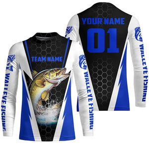 Walleye Fishing Long Sleeve Tournament Shirts For Fishing Team With Custom Name And Number | Blue IPHW6237