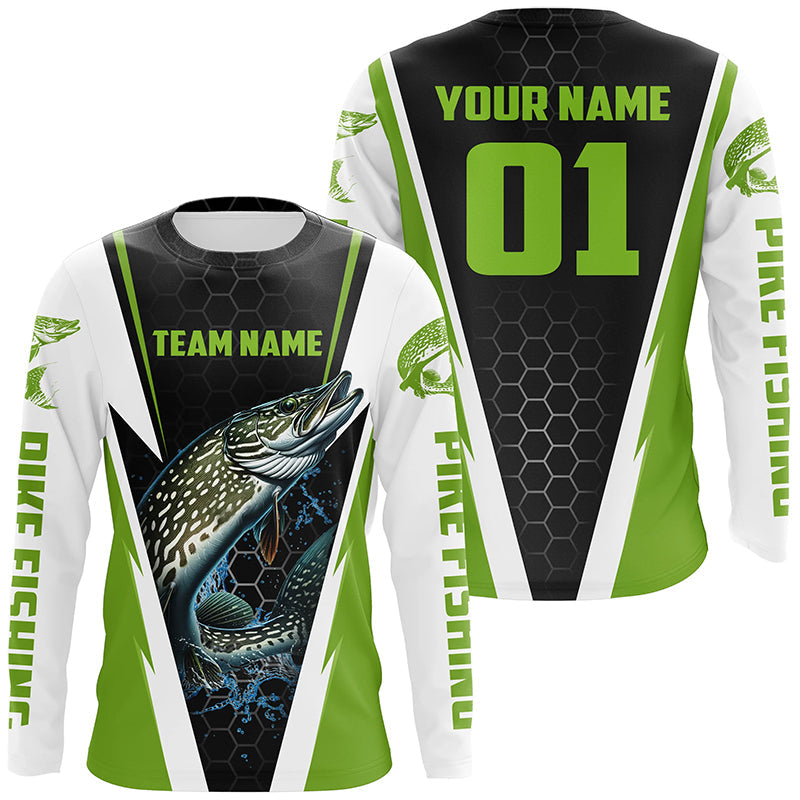 Pike Fishing Long Sleeve Tournament Shirts For Fishing Team With Custom Name And Number | Green IPHW6239