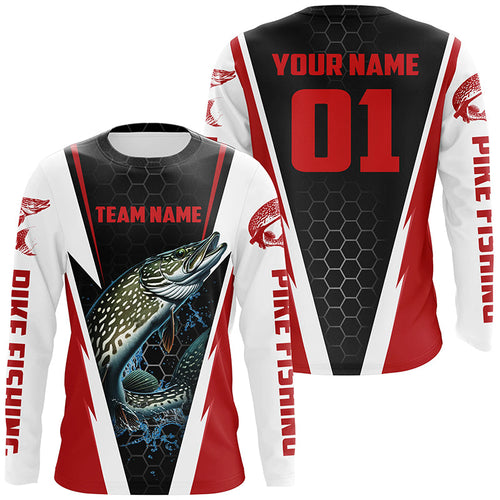 Pike Fishing Long Sleeve Tournament Shirts For Fishing Team With Custom Name And Number | Red IPHW6241