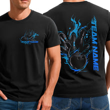 Load image into Gallery viewer, Custom Black And Blue Flame Strike Bowling T-Shirts For Men, Team Uniform IPHW9055