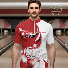 Load image into Gallery viewer, Custom White And Red Bowling Quarter-Zip Shirts For Men, Flame Bowling Team Shirt IPHW9240