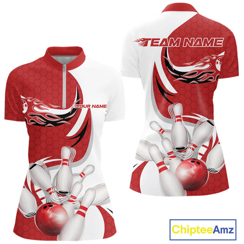 Custom White And Red Bowling Quarter-Zip Shirts For Women, Flame Bowling Team Shirt IPHW9240