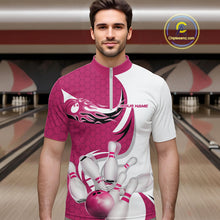Load image into Gallery viewer, Custom White And Pink Bowling Quarter-Zip Shirts For Men, Flame Bowling Team Shirt IPHW9241