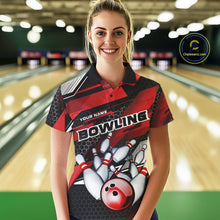 Load image into Gallery viewer, Custom Black And Red Hexagon Pattern Bowling Polo Shirts For Women, Bowling Team Uniform IPHW9420