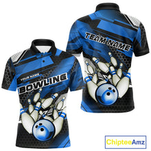 Load image into Gallery viewer, Custom Black And Blue Hexagon Pattern Bowling Polo Shirts For Men, Bowling Team Uniform IPHW9422