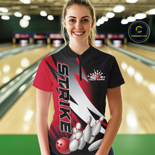 Load image into Gallery viewer, Custom Black And Red Strike Bowling Women Quarter-Zip Shirts, Bowling Team Uniform IPHW9423