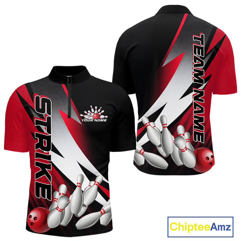 Custom Black And Red Strike Bowling Quarter-Zip Shirts For Men, Bowling Team Uniform IPHW9423
