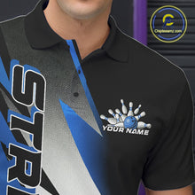 Load image into Gallery viewer, Custom Black And Blue Strike Bowling Polo Shirts For Men, Bowling Team Uniform IPHW9425