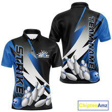 Load image into Gallery viewer, Custom Black And Blue Strike Bowling Polo Shirts For Men, Bowling Team Uniform IPHW9425