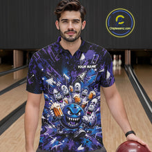Load image into Gallery viewer, Front view of a male model at a bowling lane wearing a blue and purple bowling polo shirt featuring a blue monster bowling ball leading monster bowling pins holding overflowing beer mugs with bold graffiti-style splatter artwork.