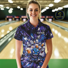 Load image into Gallery viewer, Front view of a female model at a bowling lane wearing a blue and purple bowling polo shirt featuring a blue monster bowling ball leading monster bowling pins holding overflowing beer mugs with bold graffiti-style splatter artwork.