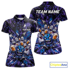 Load image into Gallery viewer, Front and back view of a blue and purple women's bowling polo shirt showcasing a blue monster bowling ball leading monster bowling pins holding overflowing beer mugs with bold graffiti-style splatter graphics.