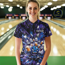 Load image into Gallery viewer, Front view of a female model at a bowling lane wearing a blue and purple bowling quarter-zip shirt showcasing a blue monster bowling ball leading monster bowling pins holding overflowing beer mugs with vibrant graffiti-style splatter artwork.