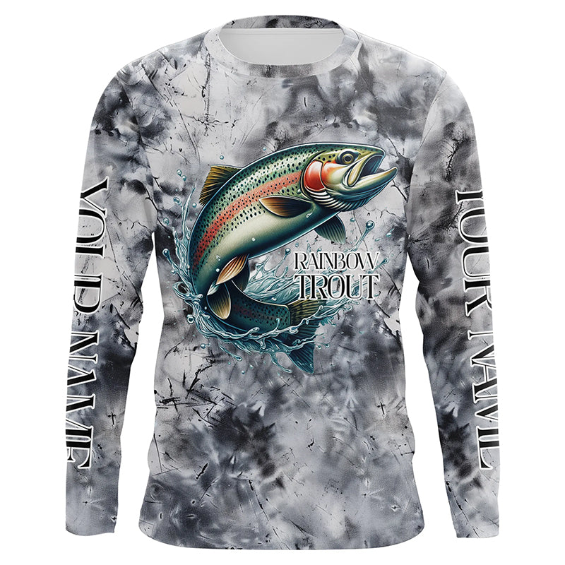 Gray Tie Dye Camo Custom Rainbow Trout Fly Fishing Shirts, Trout Long Sleeve Fishing Shirt IPHW7057