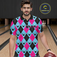Load image into Gallery viewer, Blue And Pink Argyle Pattern Custom Bowling Shirts For Men, Personalized Bowling Team Shirt IPHW7306