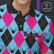 Load image into Gallery viewer, Blue And Pink Argyle Pattern Custom Bowling Shirts For Men, Personalized Bowling Team Shirt IPHW7306