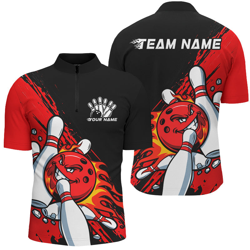 Black And Red Custom Funny Bowling Shirts For Men, Flame Bowling Team Shirt Bowlers Outfits IPHW7618