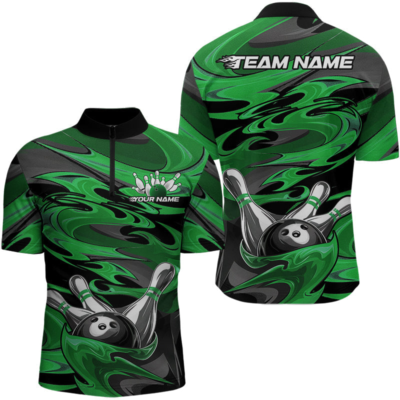 Black And Green Camo Custom Flame Bowling Quarter-Zip Shirts For Men, Bowling Team Uniform IPHW8029