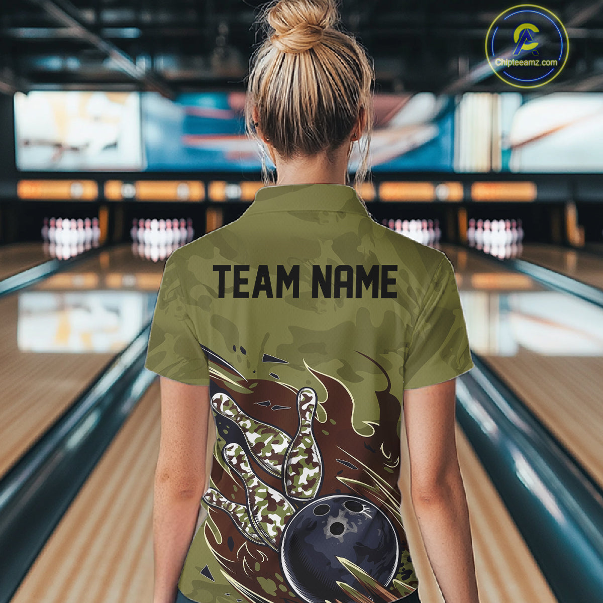 Custom Military Camo Bowling Quarter-Zip Shirts For Women, Patriotic Bowling Team Shirt IPHW8038