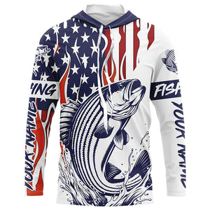 Flame American Flag Custom Striped Bass Long Sleeve Fishing Shirts, Patriotic Striper Fishing Jersey IPHW5955