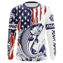 Load image into Gallery viewer, Flame American Flag Custom Striped Bass Long Sleeve Fishing Shirts, Patriotic Striper Fishing Jersey IPHW5955