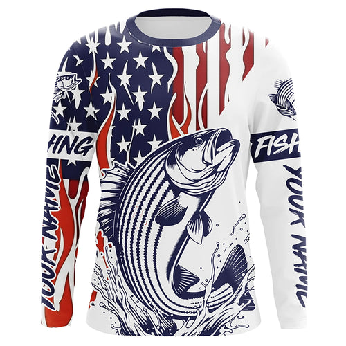 Flame American Flag Custom Striped Bass Long Sleeve Fishing Shirts, Patriotic Striper Fishing Jersey IPHW5955