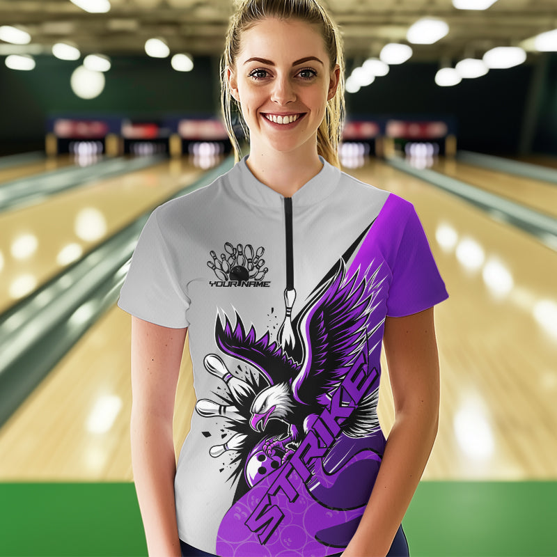 Custom Purple Eagle Bowling Team Women Quarter-Zip Shirt, Bowling Team Shirt Bowlers Outfit IPHW8756