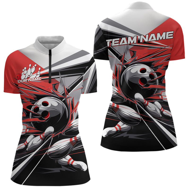 Custom Black And Red Striking Bowling Womens Quarter-Zip Shirts, Team Bowlers Outfits IPHW8766