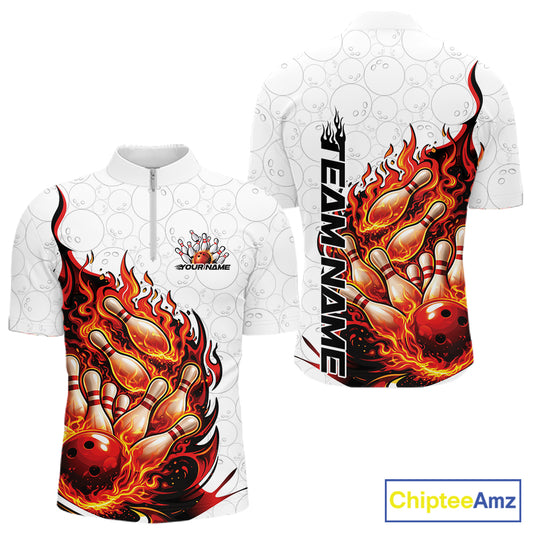 Front and back view men’s quarter-zip bowling shirt mockup featuring duck in sunglasses and fedora holding cash and cigar beside bowling ball and pins black and orange design