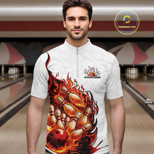 Male model in bowling lane wearing quarter-zip shirt with duck sunglasses fedora cash cigar bowling ball pins artwork