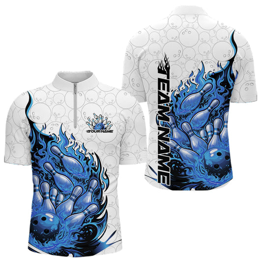 Front and back view men’s quarter-zip bowling shirt mockup featuring flaming bowling ball crashing pins white blue and purple dynamic style