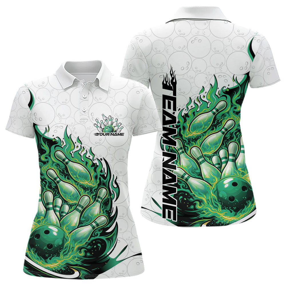 Front and back view women’s polo shirt mockup featuring flaming bowling ball crashing into pins fiery style artwork on white and green fabric