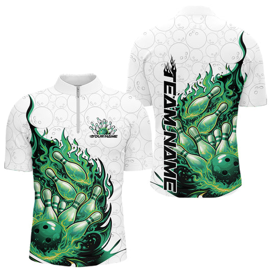Front and back view men’s quarter-zip bowling shirt mockup featuring flaming bowling ball crashing into pins fiery style on white and pink fabric