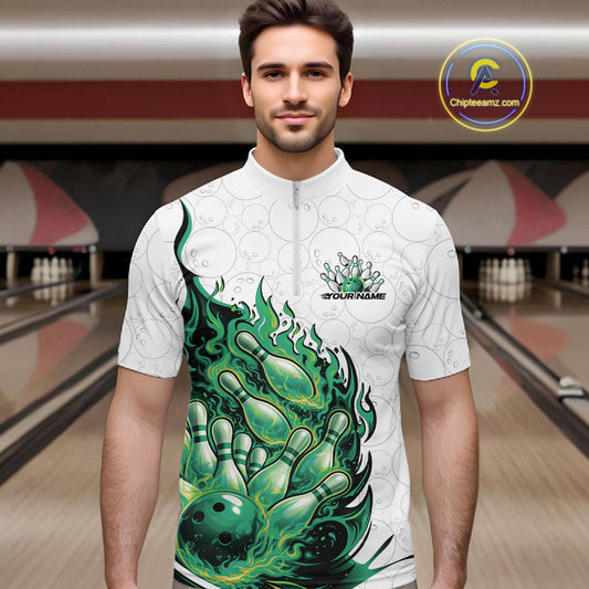 Male model in bowling lane wearing quarter-zip shirt with flaming bowling ball crashing pins white pink sports artwork